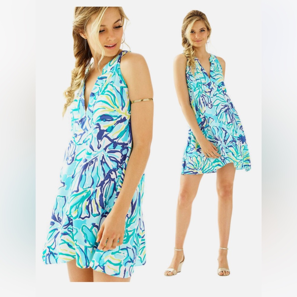 Lilly Pulitzer Achelle Pool Blue Stay Cool Print Flowy Swing Dress